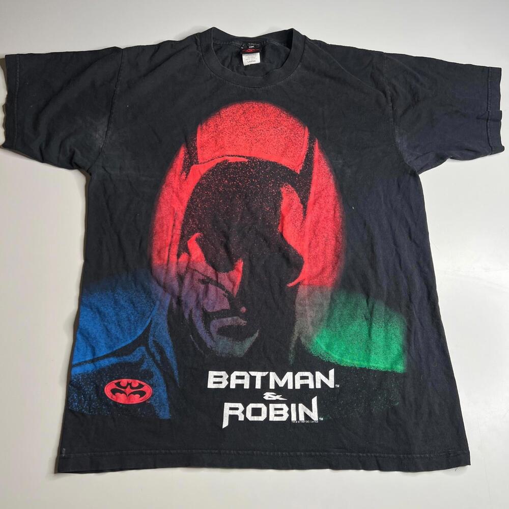 Vintage 1997‎ Batman & Robin Movie Tee L Made USA DC Comics Black Single Stitch